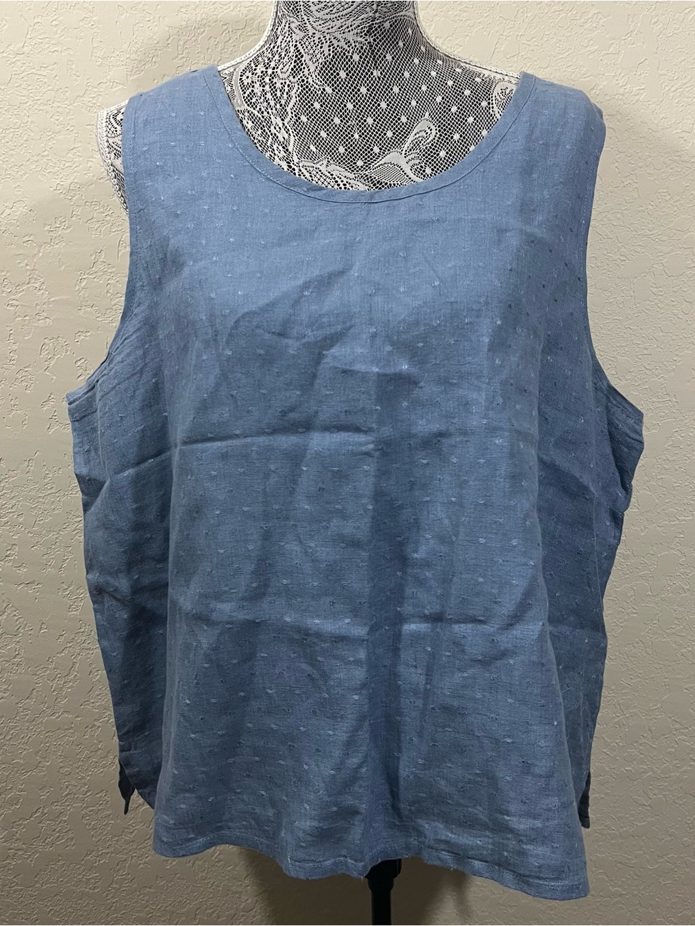 FLAX 100% Linen Tank Top in Blue Dot Texture Women’s Size Large